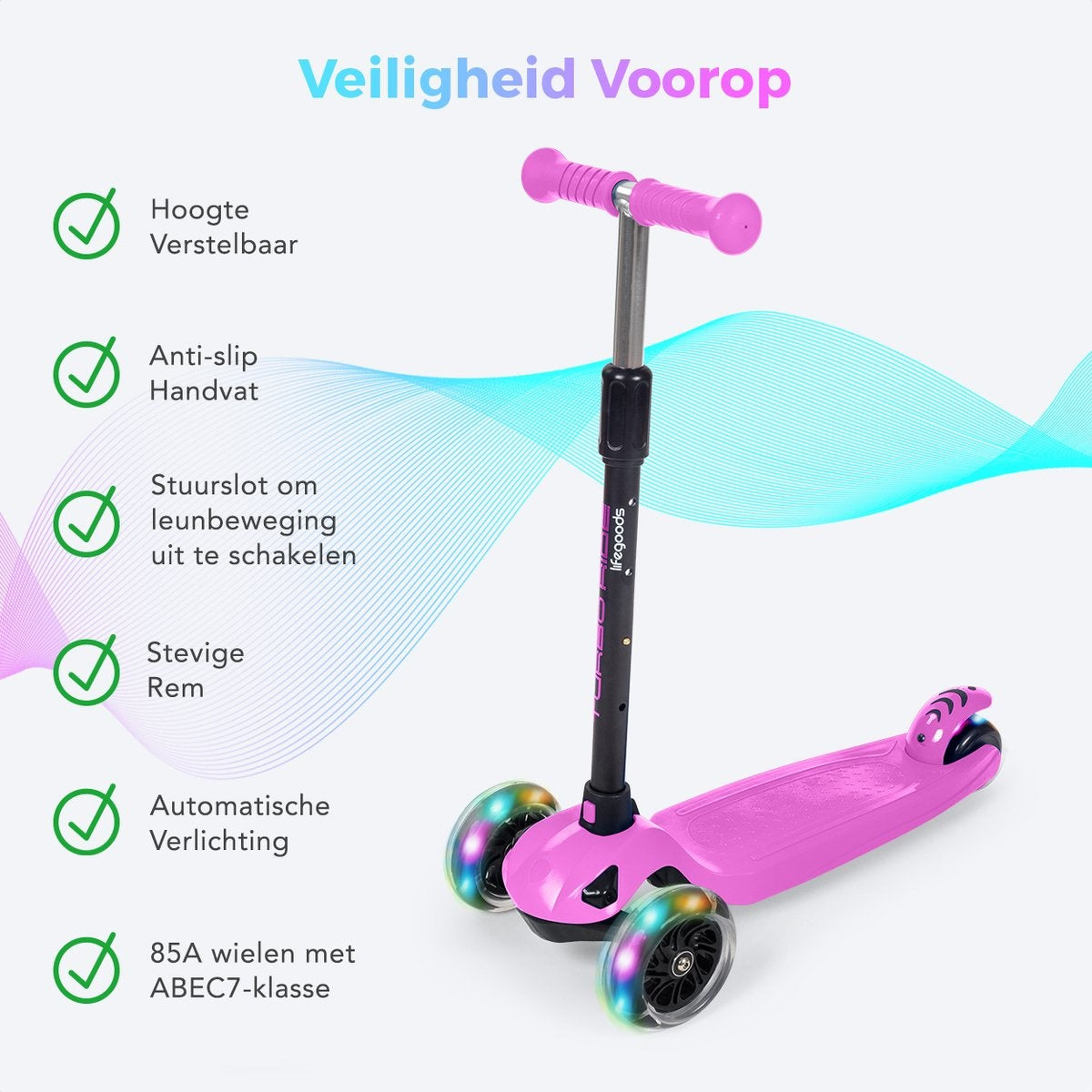 LifeGoods Scooter enfant TurboRide - Étape 5-8 ans - 3 roues lumineuses - Garçons/Filles - Rose