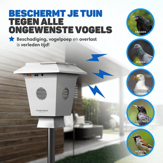 Vulpes Goods® Repellent - Répulsif pour pigeons - Répulsif pour oiseaux à ultrasons - Répulsif pour corneilles - Répulsif pour épouvantails pour pigeons, oiseaux, corneilles et autres volailles - Respectueux des animaux - Fonctionne à l'énergie solaire