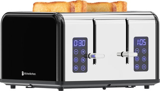 KitchenBrothers Toaster - Grille-pain - 6 niveaux de chaleur - 4 fentes extra-larges - écran tactile - 1630W - acier inoxydable/noir