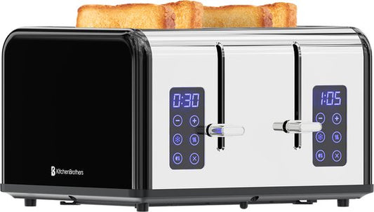 KitchenBrothers Toaster - Grille-pain - 6 niveaux de chaleur - 4 fentes extra-larges - écran tactile - 1630W - acier inoxydable/noir
