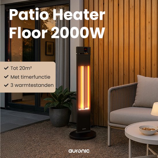 Auronic Terrace Heater - Chauffage infrarouge - Debout - 20m2 - Electrique - 2000W - Télécommande - 3 niveaux - Noir