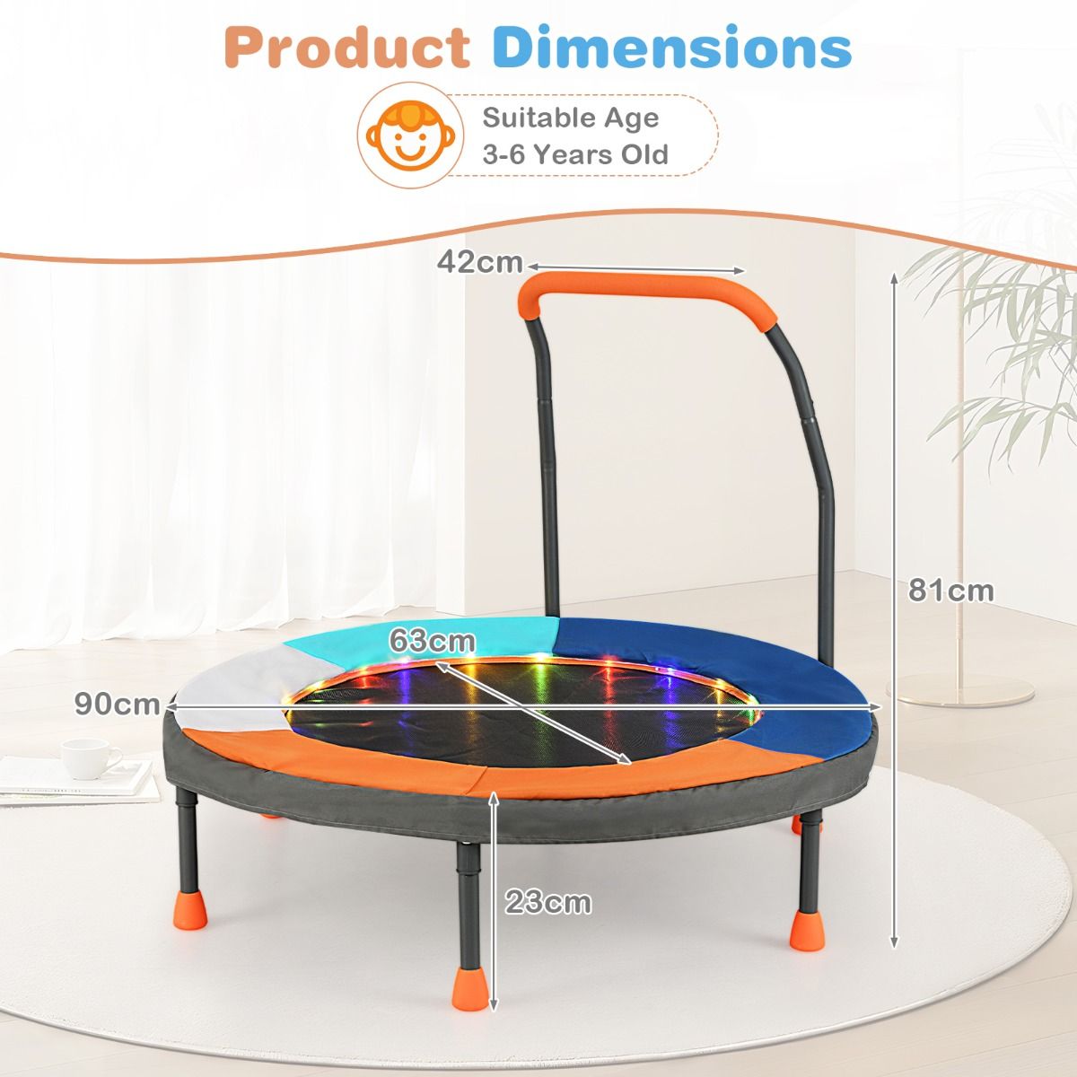 Mini-trampoline Coast pour enfants - modèle 2 - éclairage LED - pliable - multicolore - 90 cm
