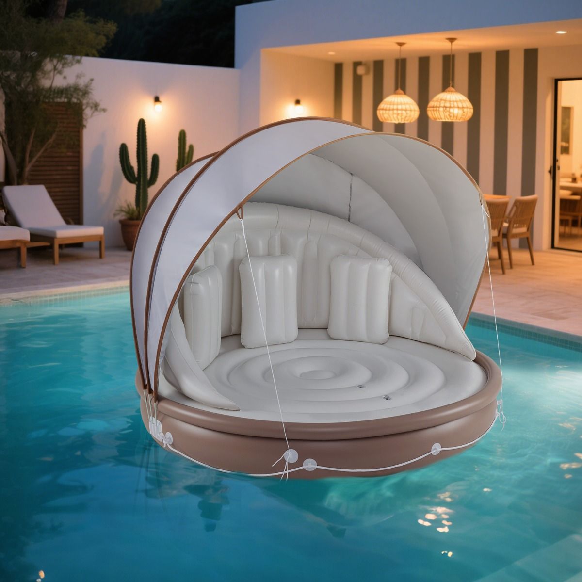 Coast Inflatable Floating Island 2-Seater with Canopy - 186 x 186 x 155 cm, White/Brown/Silver, Capacity 180 kg
