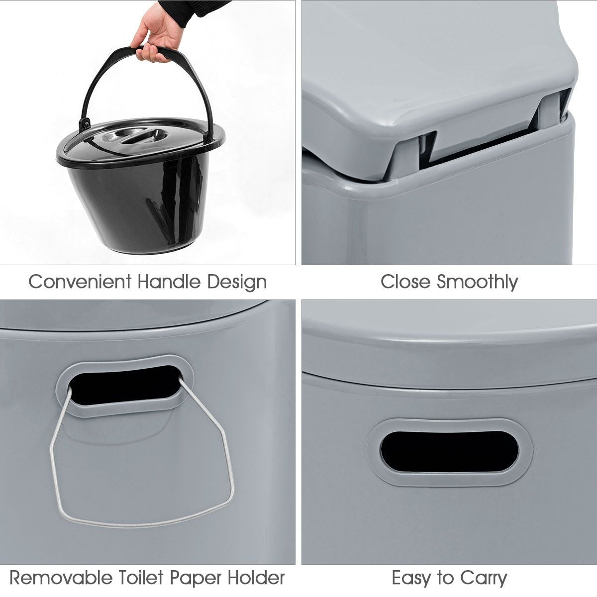 Coast Toilet Bowl portable pour le voyage - Seau intérieur amovible - Porte-papier hygiénique - 41 x 49 x 34 cm - Gris