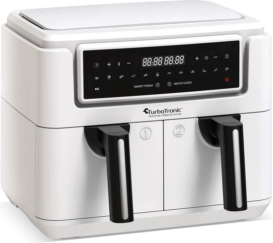 TurboTronic AF118 Double Airfryer XXL - Friteuse digitale à air chaud - Double panier - 7.6L - 2x 3.8L - 12 programmes - Ecran tactile - Blanc