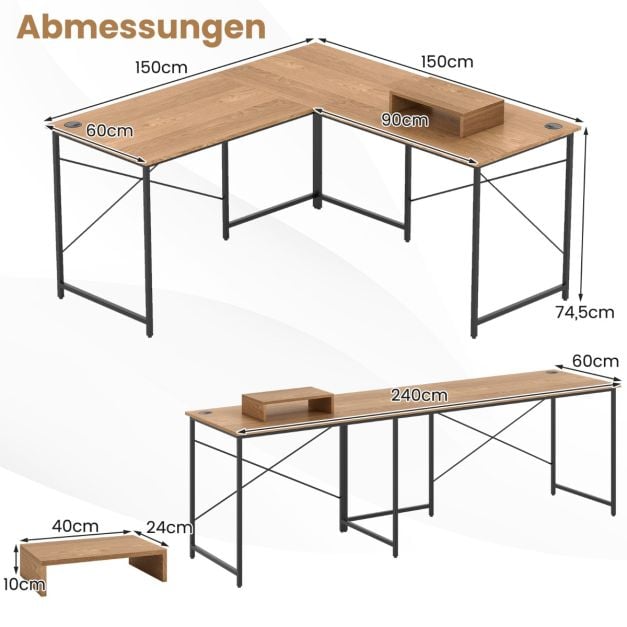 Bureau d'angle en L Coast – Extensible jusqu'à 240 cm – Support d'écran – Naturel