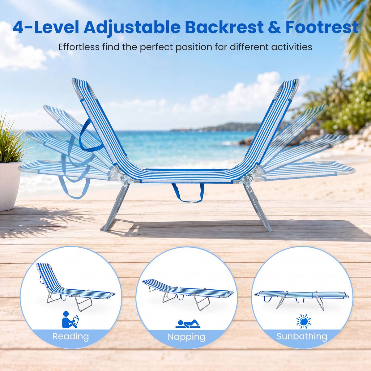 Chaise longue pliable Coast - réglable sur 4 positions - avec repose-pieds - bleu et blanc