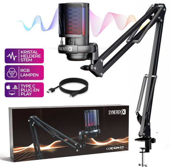 SynergyX SonicFlex Pro Microphone - Microphone de jeu USB avec bras - PC Gaming - Convient pour PC/PS4/PS5 - RGB - Podcast - Gaming - Streaming - Noir