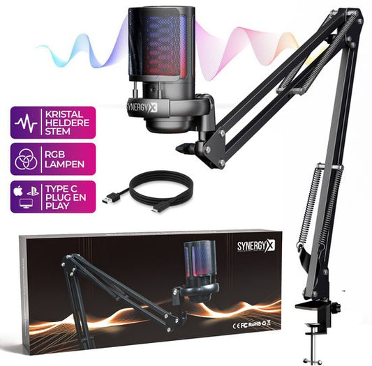 SynergyX SonicFlex Pro Microphone - Microphone de jeu USB avec bras - PC Gaming - Convient pour PC/PS4/PS5 - RGB - Podcast - Gaming - Streaming - Noir