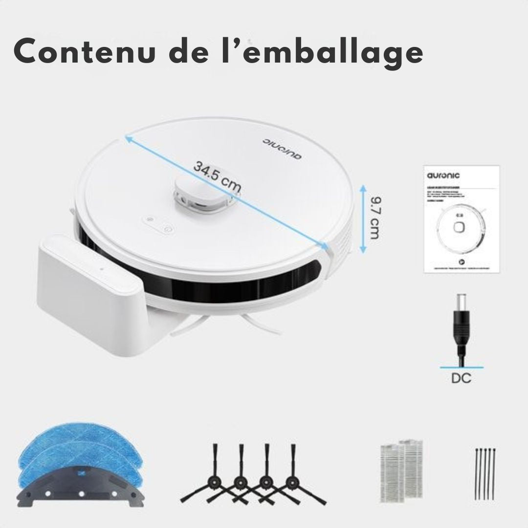 Robot Aspirateur Auronic - Avec fonction balayage - WiFi et App - Station de charge - Animaux domestiques - Navigation laser - Blanc