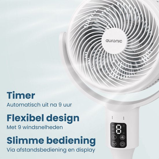 Ventilateur sur pied Auronic - Ventilateur de table et de sol - 9 vitesses et minuterie - Refroidisseur d'air - Silencieux - Avec télécommande et écran - Ventilateur - Blanc