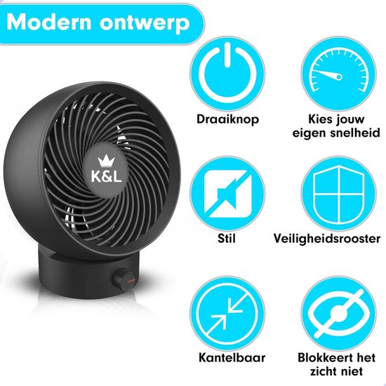 K&L Silent Fan - Modèle de table - Alimenté par USB - Inclinable - Noir