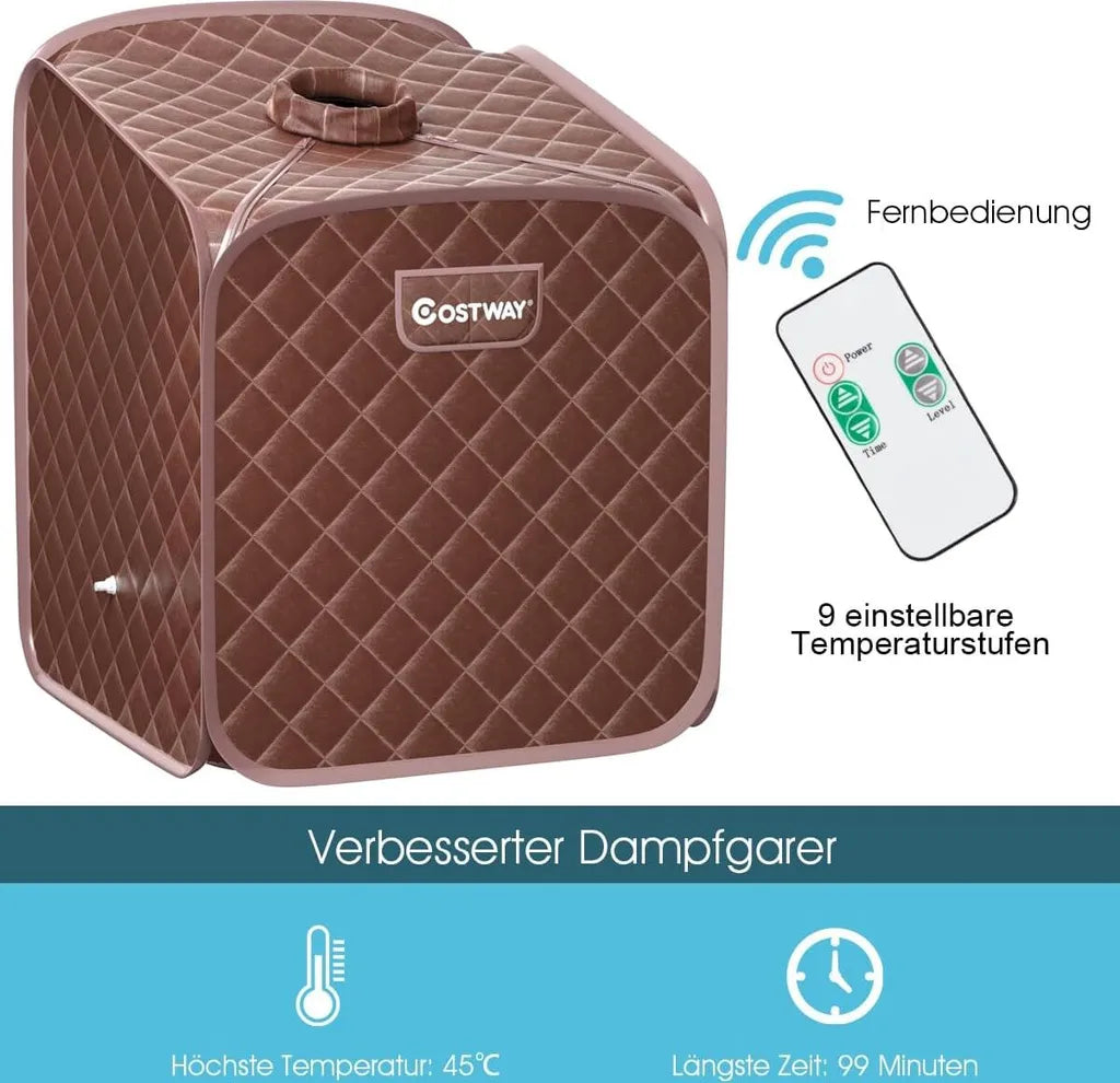 Sauna à vapeur Coast Mini 2 litres - Sauna d'intérieur pliable avec télécommande, minuterie, 9 réglages de température et siège - Marron