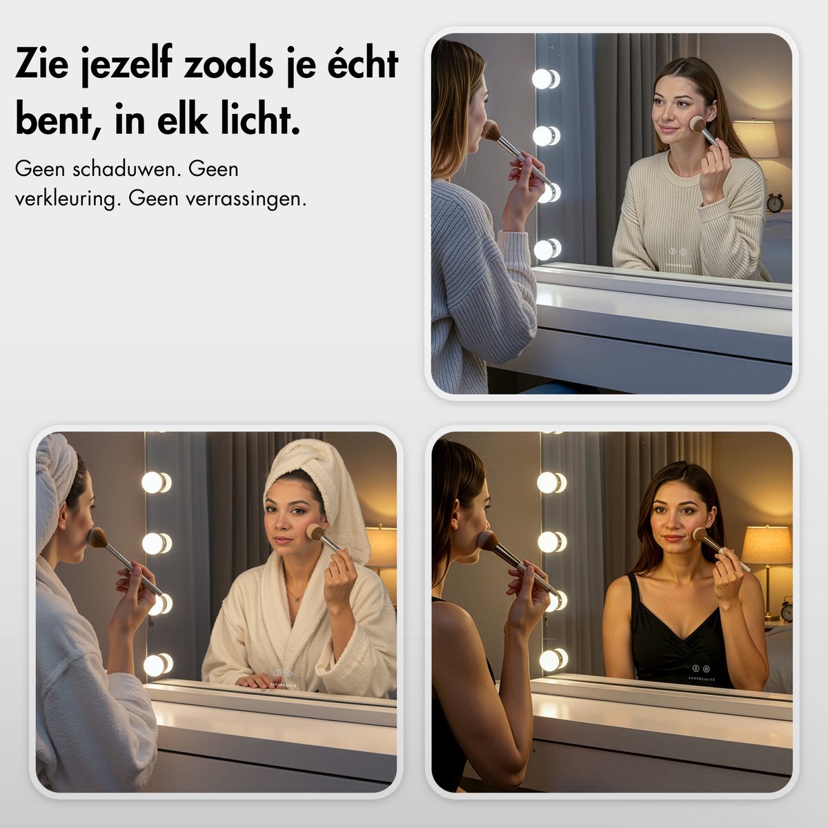 Sansbeauté® Hollywood Mirror 80x62.5 cm - Miroir de maquillage - 18 lampes LED - grossissement 10x - dimmable - port de charge USB - Touch Control - blanc