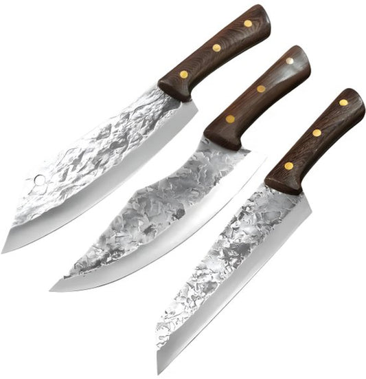 Set de couteaux de qualité japonaise - Couteau de chef et hachoir Premium - Set de couteaux 3 pièces avec impression Damas - Manche en chêne poli