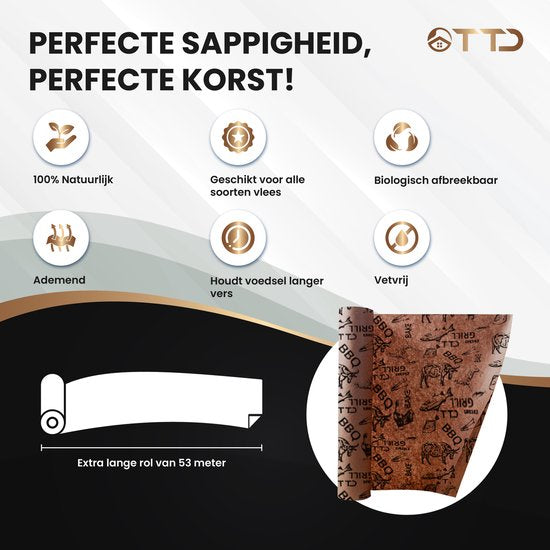 TTD® Butcher Paper XXL avec impression alimentaire - 53 mètres - Papier de boucher professionnel 100 % naturel à base de pulpe de bois - Accessoires pour barbecue - Barbecue - Fibre de bois - Papier de boucher non couché