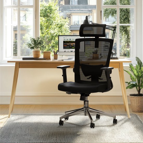 LifeGoods Ergonomic Office Chair - Chaise de bureau - Certifiée NEN et SGS - Adultes - Appui-tête - Noir/Chrome