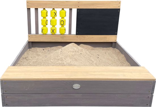 Bac à sable AXI Kitty « Beurre, fromage et œufs » gris/marron - Avec siège - Bâche de protection et toile de sol incluses - Bois certifié FSC