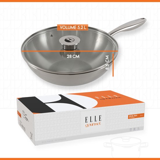 Poêle wok ELLE Gourmet Classique en acier inoxydable avec couvercle - Ø 28 cm - Sans PFAS - Induction