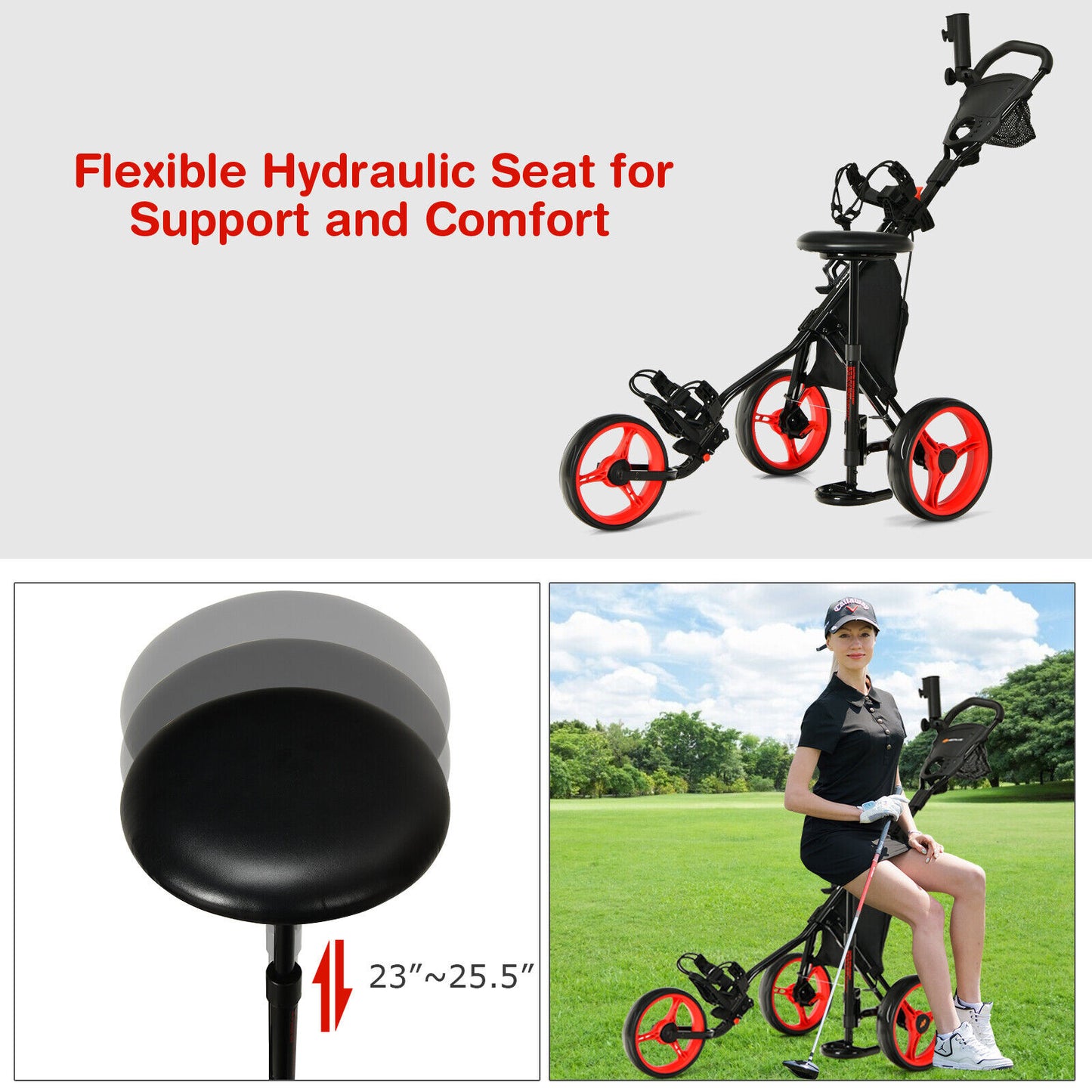Coast 3-Wheel Golf Kart Kart à lumière réglable 129.5 x 75 x 101.5-119.5 cm rouge + noir