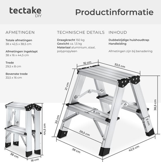 Échelle de cuisine double face en aluminium tectake® - 2 marches - 38,5 cm - Échelle robuste - Marchepied pliable - Échelle ménagère antidérapante