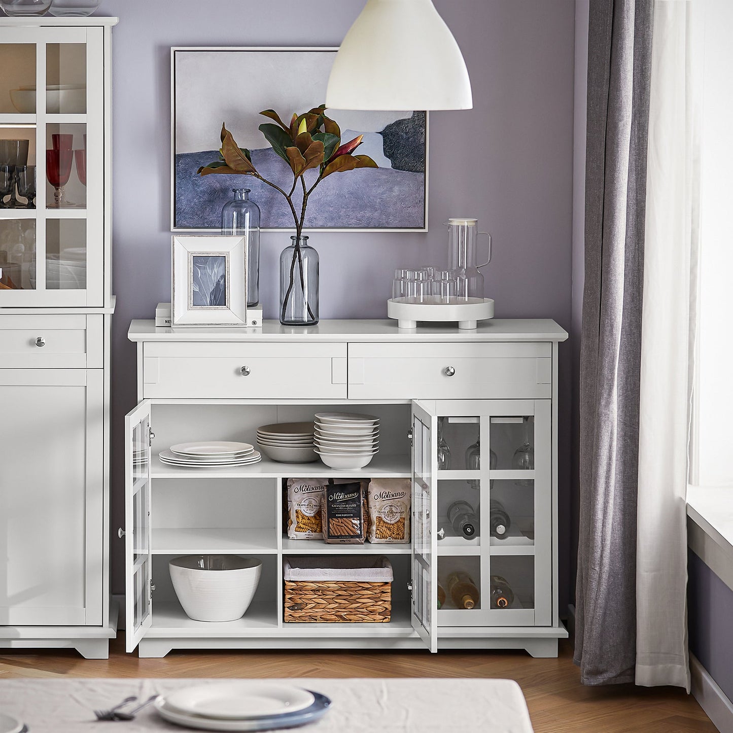 SoBuy Meuble de cuisine Buffet Meuble de rangement latéral avec 3 portes en verre et 2 tiroirs, 90x40x90 cm, blanc