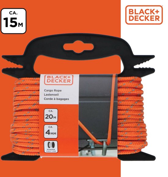 BLACK+DECKER Sangle d'arrimage avec Oproller 20 mètres - Incl. Sangle d'arrimage Oproller - Sangle d'arrimage - Corde de transport - Cordon élastique - avec parties réfléchissantes - Gestion du transport - Nylon/ Plastique - Orange/Noir