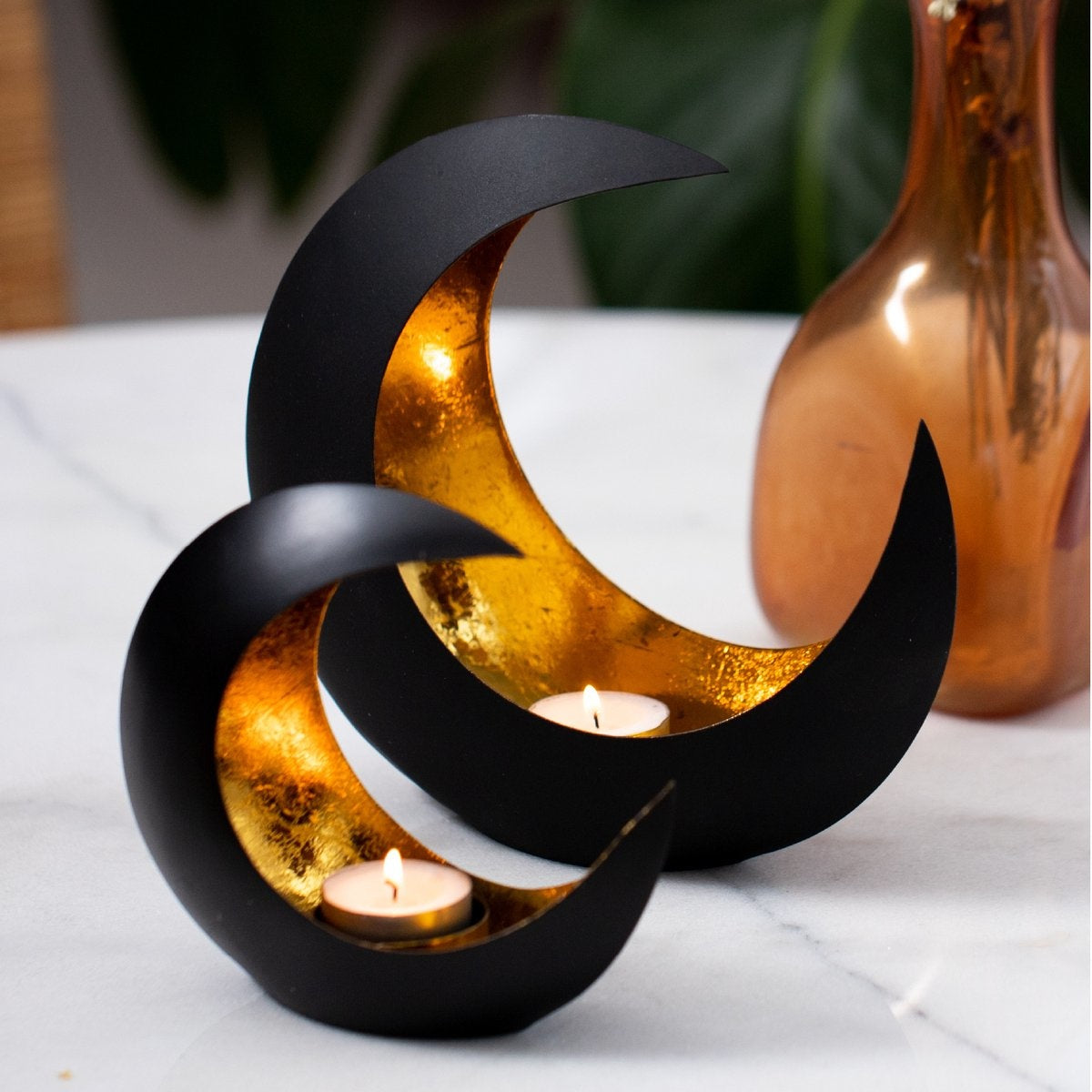 Gadgy Porte-lampes Lune - Porte-lampes - Lot de 2 : 15 cm et 21 cm - Noir / Or - Métal