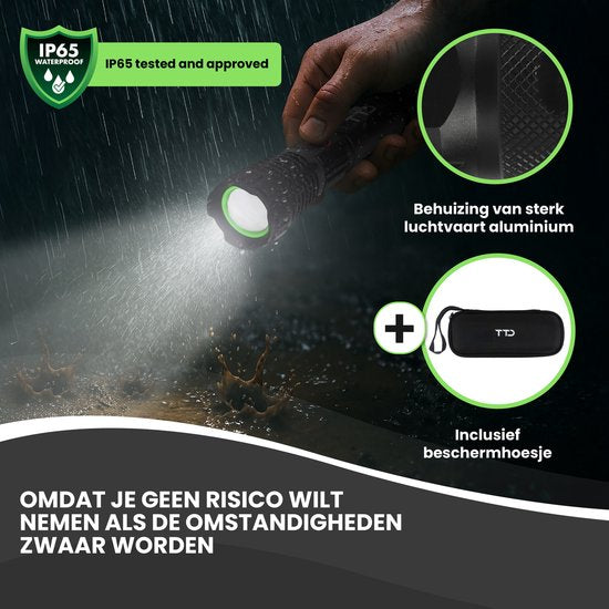 TTD® Military Flashlight LED Rechargeable - Technologie LEP - IP65 Waterproof - 1100 Lumens - 7 Hour Battery - Zoom Function - Powerbank Function - USB Rechargeable