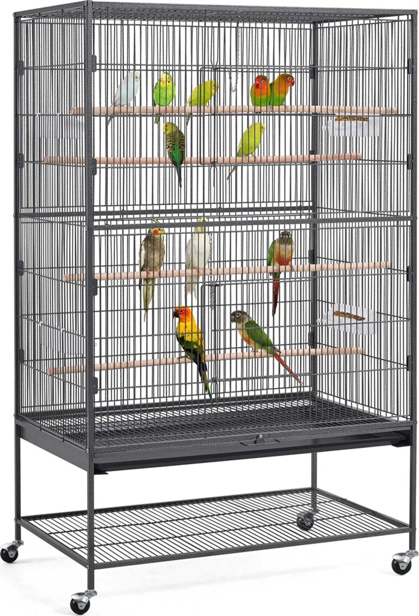 Yaheetech XXL Bird Cage With 360° Casters - Fitted With Lower Storage Shelf And 4 Perches And Removable Bottom Plate - For Parakeets And Falcon Parakeets - Black Metal - 93,5 x 56,5 x 153 cm
