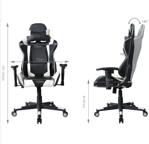 Fauteuil gaming VDD HUKY1010_WITZWART - Dossier réglable à 180° - Rotation à 360° - 120-130 cm - Noir/Blanc