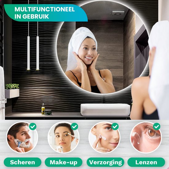 Mirlux Miroir de salle de bain - Rond 60 cm - Eclairage et chauffage LED - Miroir de douche anti-buée - Sans cadre