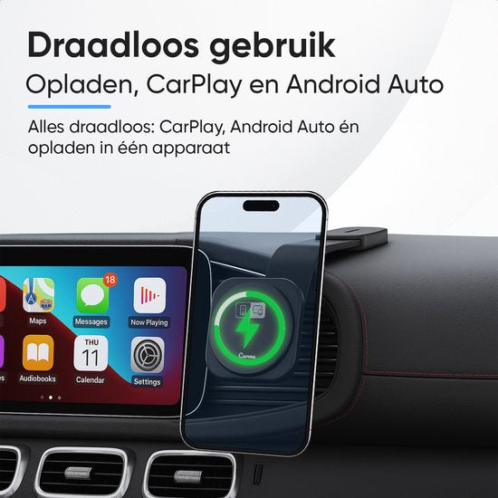 CarMe 4-in-1 CarPlay Dongle Pro - Avec chargeur sans fil - Wireless CarPlay & Android Auto - Android Auto Dongle - MagSafe Car Holder - Noir