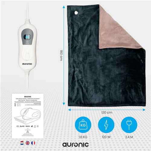 Couverture chauffante électrique - Auronic - 1 personne - 3 niveaux - avec minuterie - 160 x 120cm - Anthracite