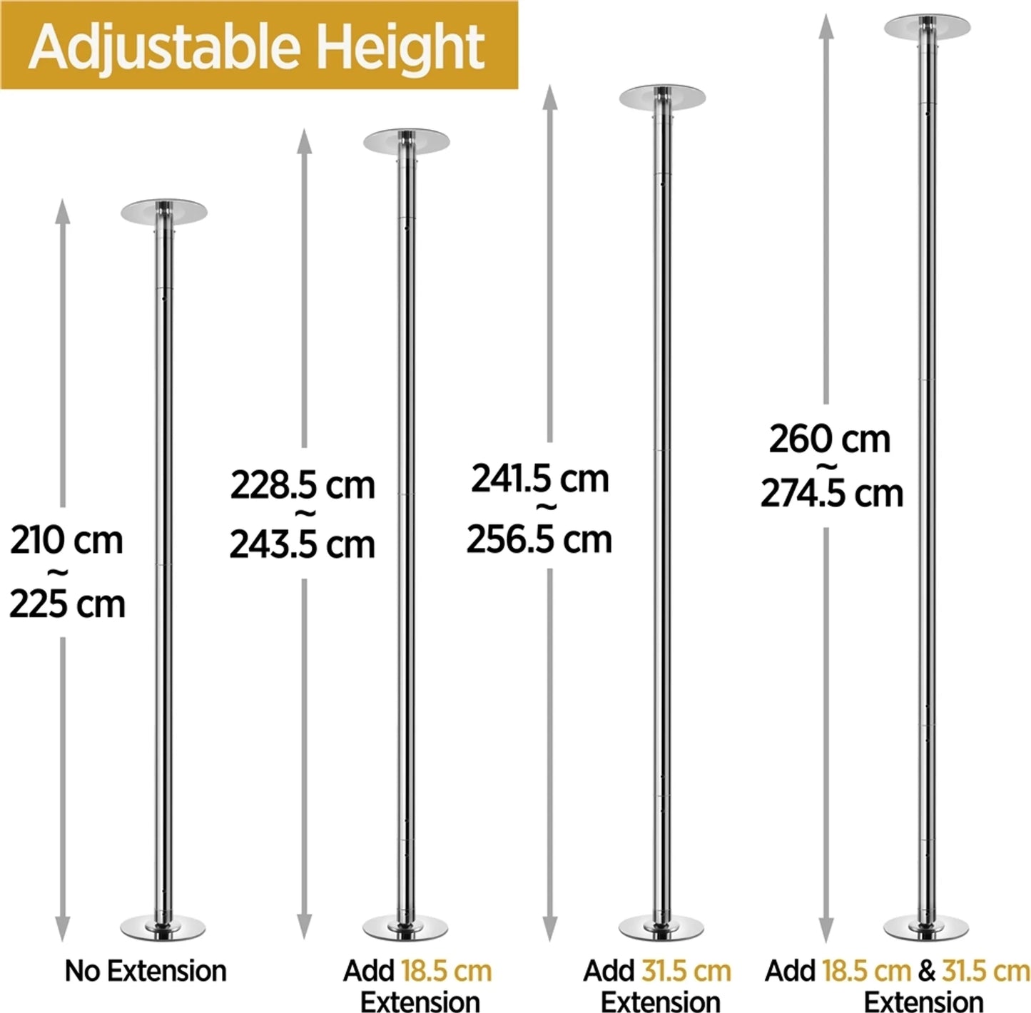 Yaheetech Dance Pole With Ceiling Mount - Equipped With Static And Rotating Stand And 2 Extension Rods And Rubber Anti-slip Profile - For Home Use And Fitness - Silver Chromed Metal - 23 x 23 x 225-274.5 cm