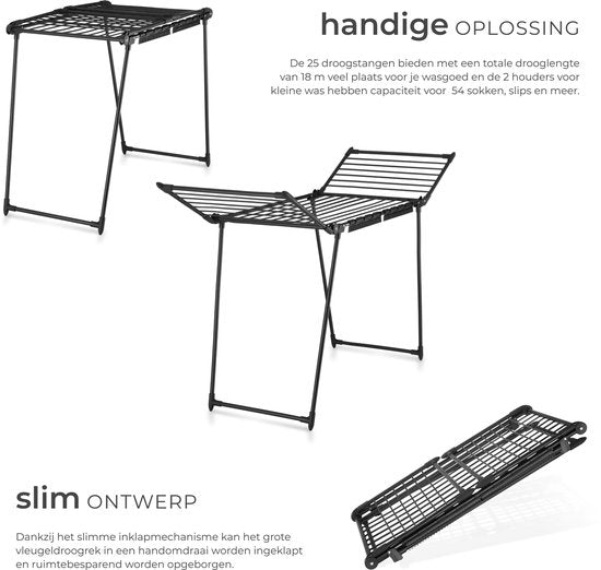 tectake® Séchoir à linge - Séchoir à linge - Longueur de séchage : 18 mètres - Pliable - Sur pied - Séchoirs à linge avec 2 supports pour le petit linge - Ailes latérales hautes pour les vêtements longs - Noir