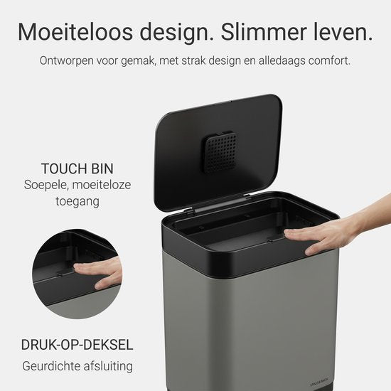 Poubelle 60 litres - Avec anneaux de tri sélectif 2 x 30 litres - 2 compartiments - Acier inoxydable - Gris graphite - 42 x 33 x 76 cm - STAUS&BACH Nuvio
