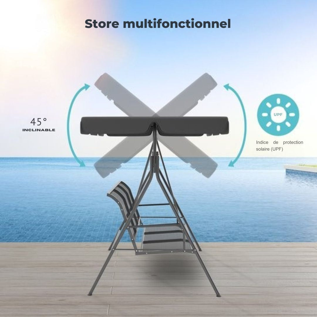 Balançoire LifeGoods - 3 places - jusqu'à 250KG - Toit inclinable - Parasol résistant aux UV - 172x104x162cm - Gris