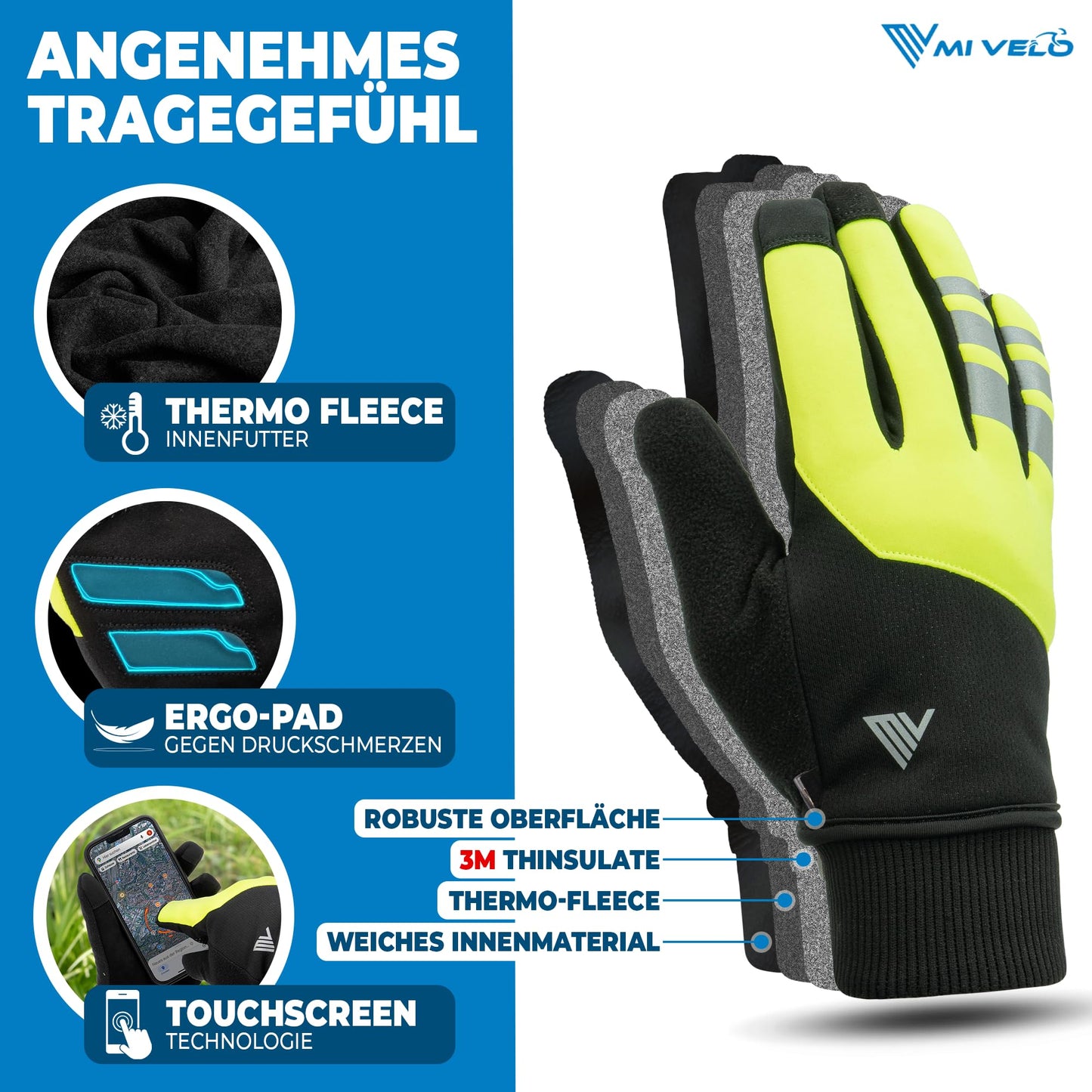 Gants de cyclisme d'hiver pour homme MIVELO - polaire thermique - imperméables et coupe-vent - compatibles avec les écrans tactiles - jaunes - XXL
