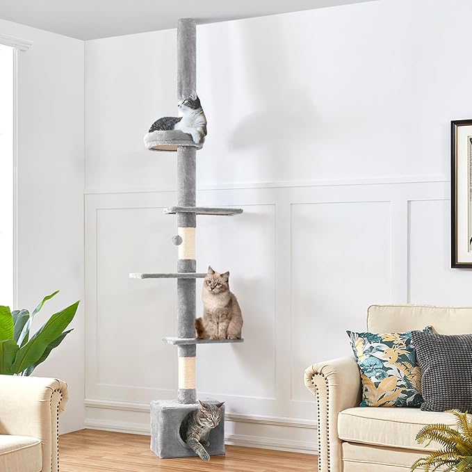 Arbre à chat de plafond Yaheetech 226-265,5 cm - Gris clair - Arbre à chat réglable avec maison pour chat et 5 niveaux