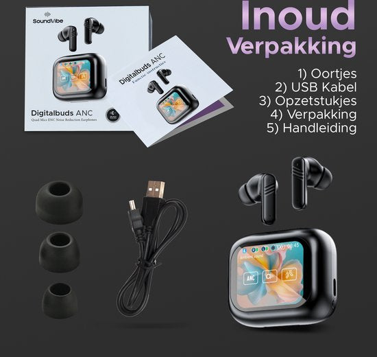 SoundVibe® - Earbuds Wireless With Noice Cancelling - Black - Bluetooth Earphones - Noice Cancelling Headphones - LX-10 Earpods with Screen - Works With Apple And Android - Earpods USB C - Wireless Earphons - Earphones Wireless