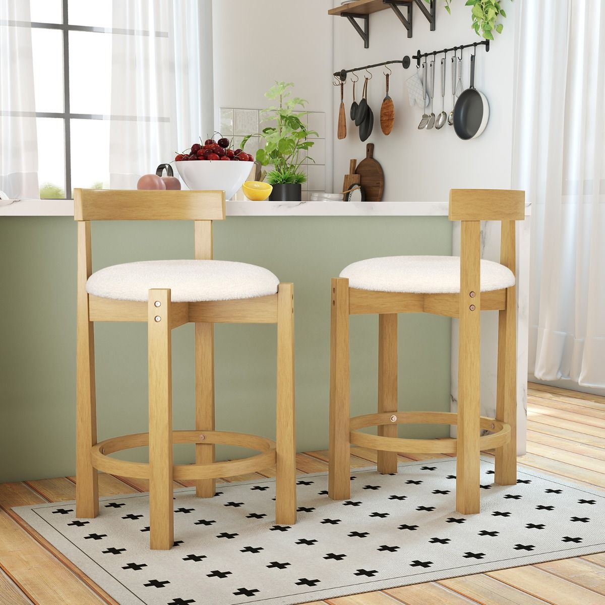 Ensemble de 2 tabourets de bar Coast - avec dossier et repose-pieds - assise en velours teddy - hauteur d'assise 62 cm - couleur naturelle et beige