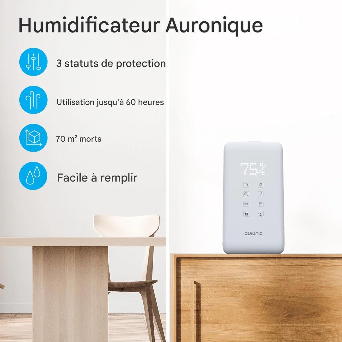 Humidificateur Auronic - 3 modes de nébulisation - Capacité du réservoir 6L - 60m2 - Filtre à eau inclus - Blanc