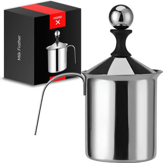 Mousseur à lait manuel HGMD - 400 ml - Acier inoxydable - Fouet à lait - Pot à lait - Barista - Lavable au lave-vaisselle