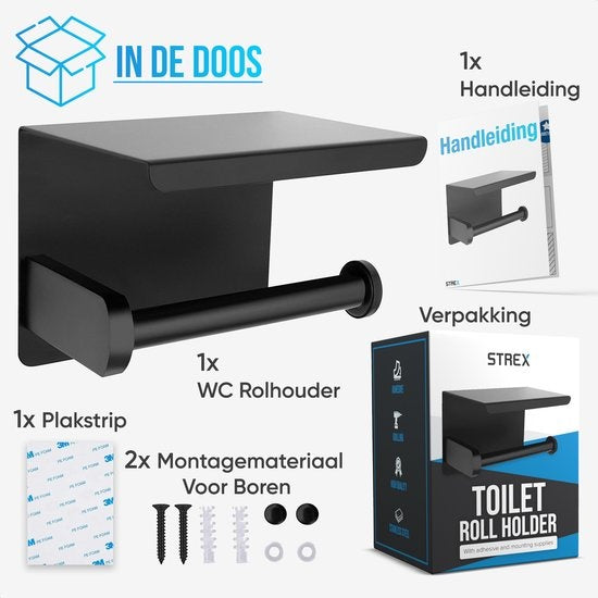 Strex Porte-rouleau de papier toilette avec étagère - Noir - Autocollant / Perçage / Sans perçage - Porte-rouleau de papier toilette - Porte-papier toilette