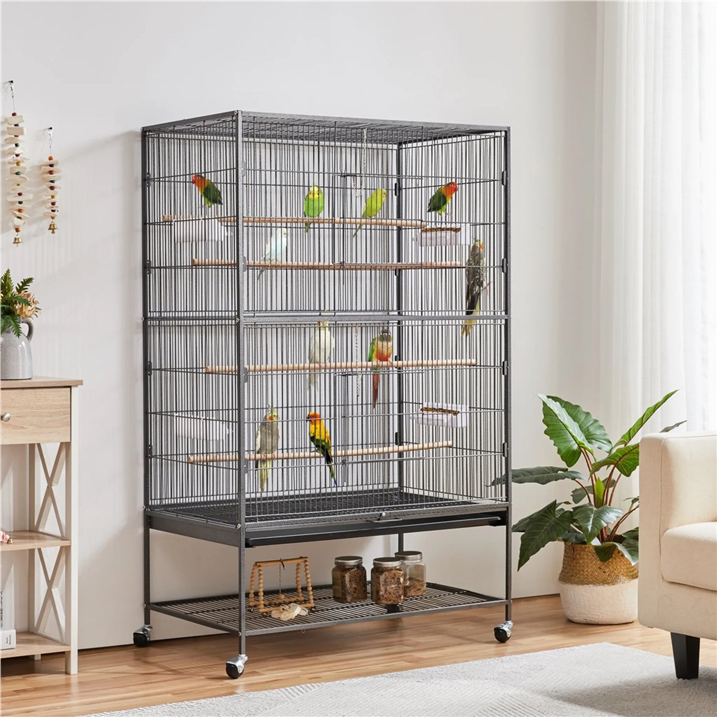 Yaheetech XXL Bird Cage With 360° Casters - Fitted With Lower Storage Shelf And 4 Perches And Removable Bottom Plate - For Parakeets And Falcon Parakeets - Black Metal - 93,5 x 56,5 x 153 cm