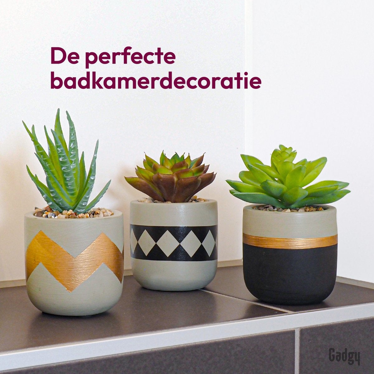 Gadgy Plantes Artificielles d'Intérieur - 3 pièces - Plantes de lard artificielles en pot de pierre - Fausses plantes - 13 à 16 cm