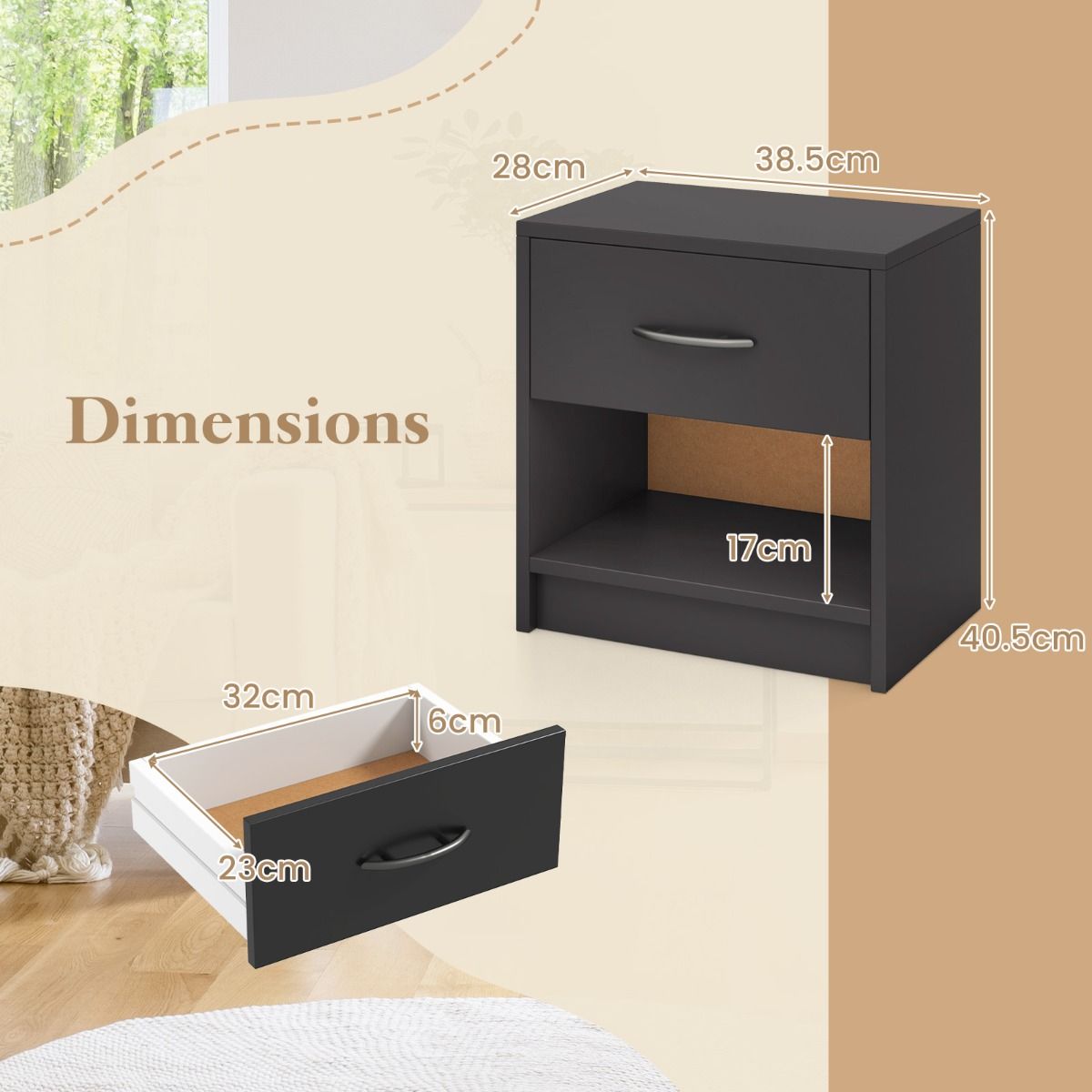 Table de chevet Coast avec tiroir - étagère de rangement ouverte - design compact - 38,5 x 28 x 40,5 cm - marron et noir