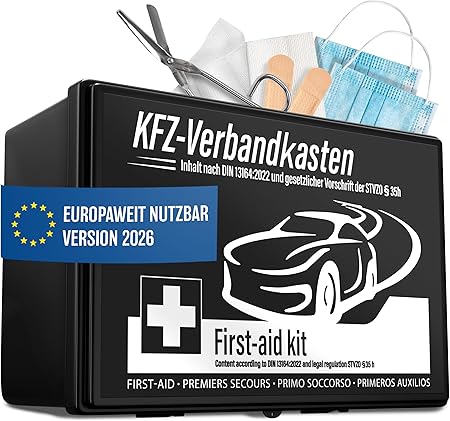 HELDENWERK Car first aid kit 2026 Utilisation et testé dans toute l'Europe (conformément à la circulation allemande) - Trousse de premiers secours Trousse de premiers secours certifiée DIN 13164 - Sac de premiers secours - Noir