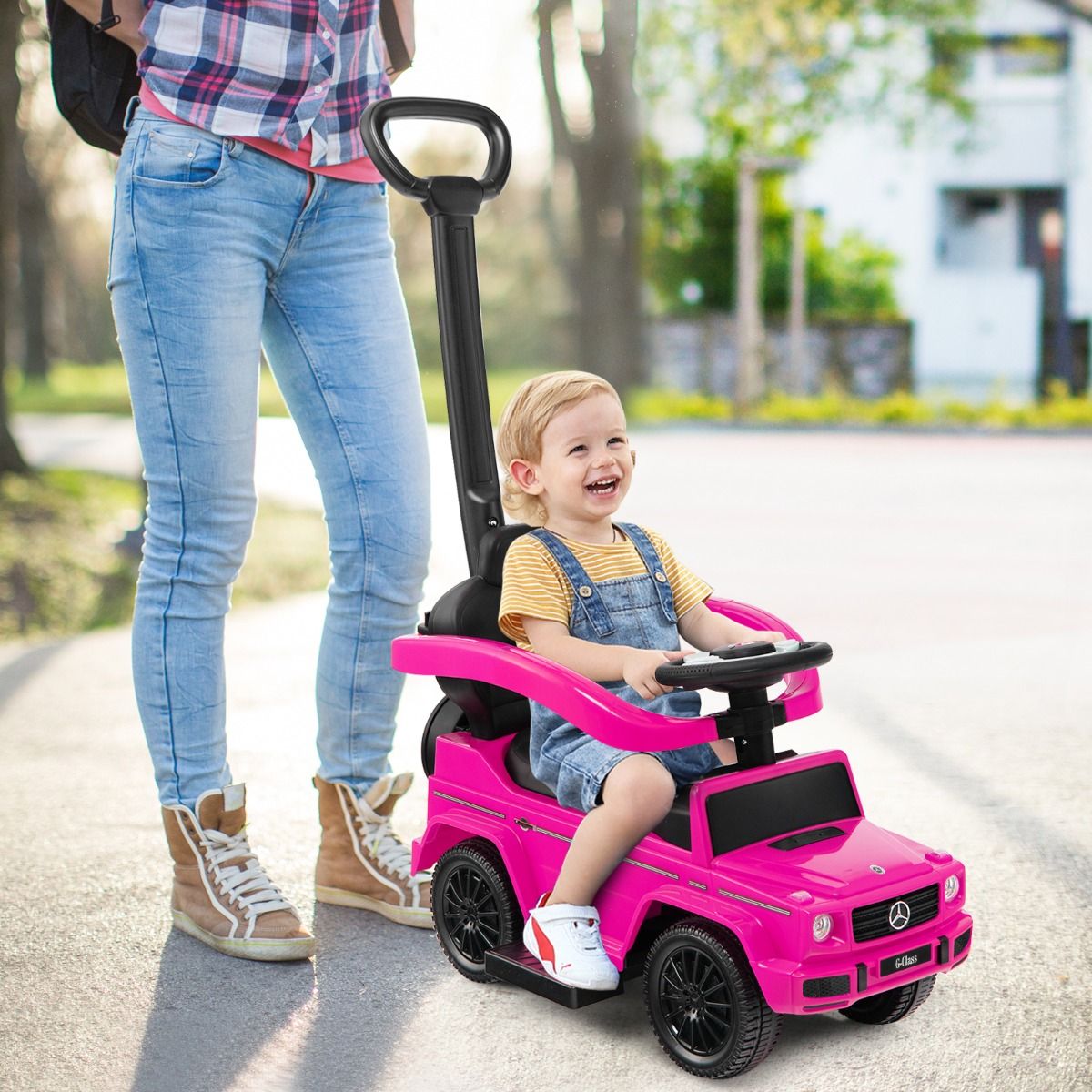 Voiture à pédales Coast Mercedes Benz pour enfants - poussette et déambulateur 3-en-1 - pare-soleil réglable - rose